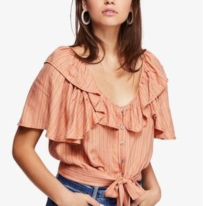 FREE PEOPLE Rosemary Ruffle Peasant Boho Tie Front Top Coral Stripe NWT